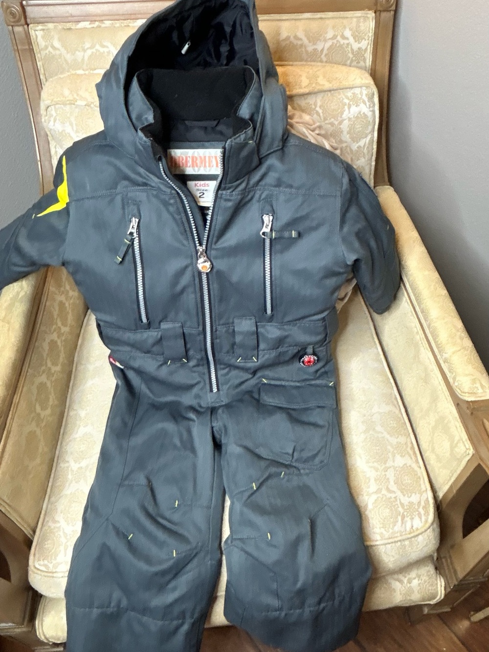 Obermeyer Kids Size 2 I-Grow One Piece Insulated Ski Snowsuit Gray Yellow